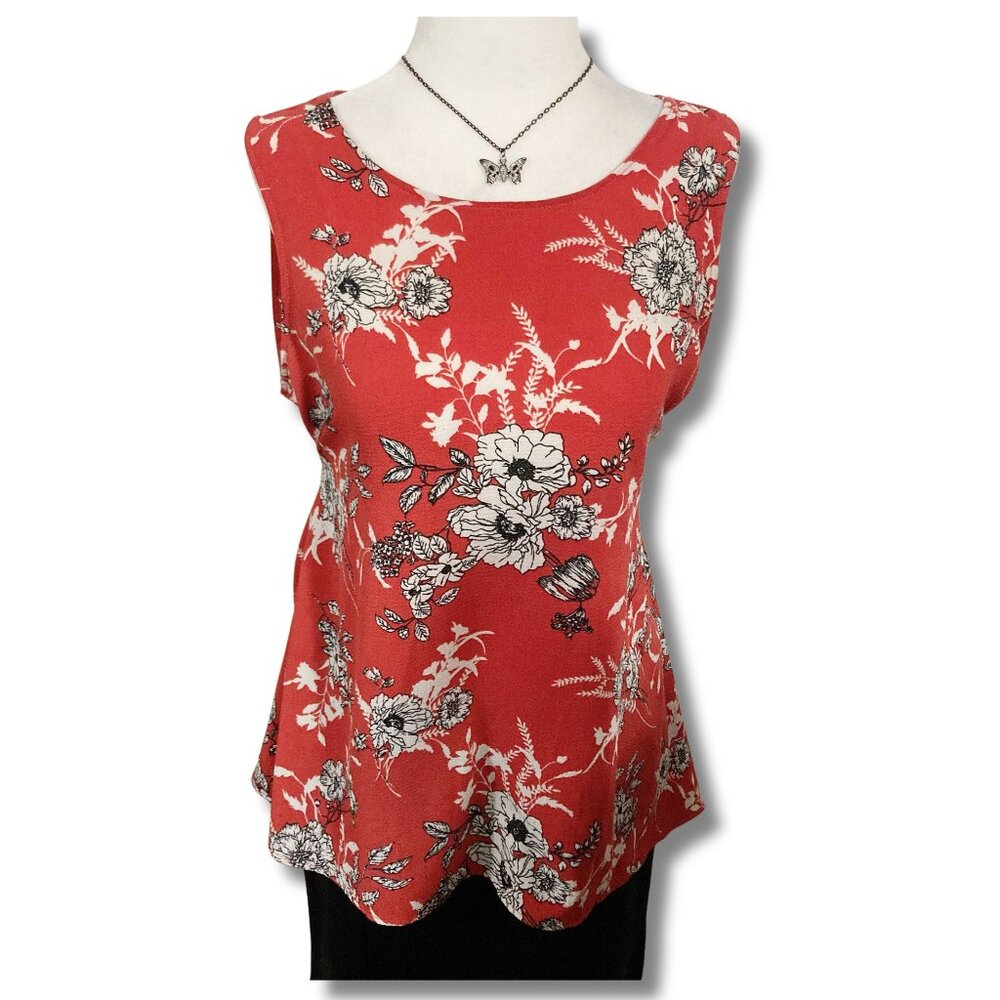 BOBEAU Dark salmon pink black white floral print sleeveless shirt ~ MEDIUM LARGE
